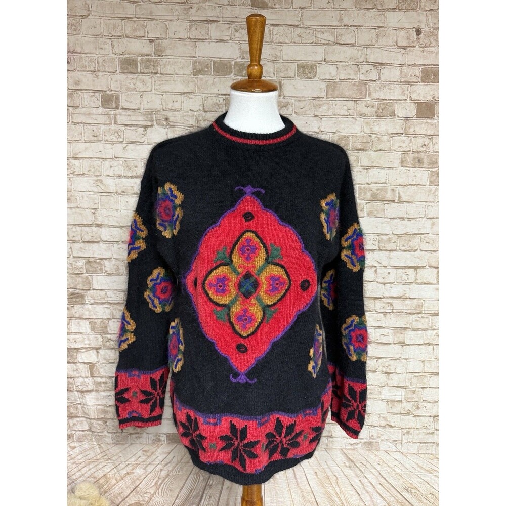 Rafaela Vitg‎ Women’s M Angora Blend Fuzzy Soft Sweater Black Red Lambswool